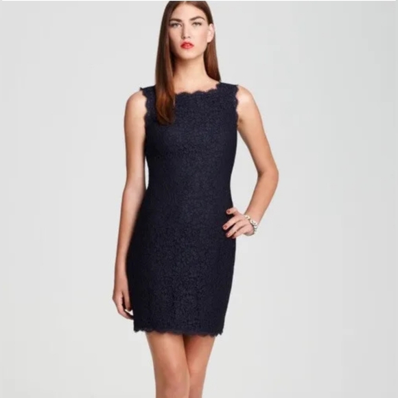 Adrianna Papell Evening Lace Cocktail Dress Navy Exposed Full Back Zip Size 4 - Picture 3 of 16